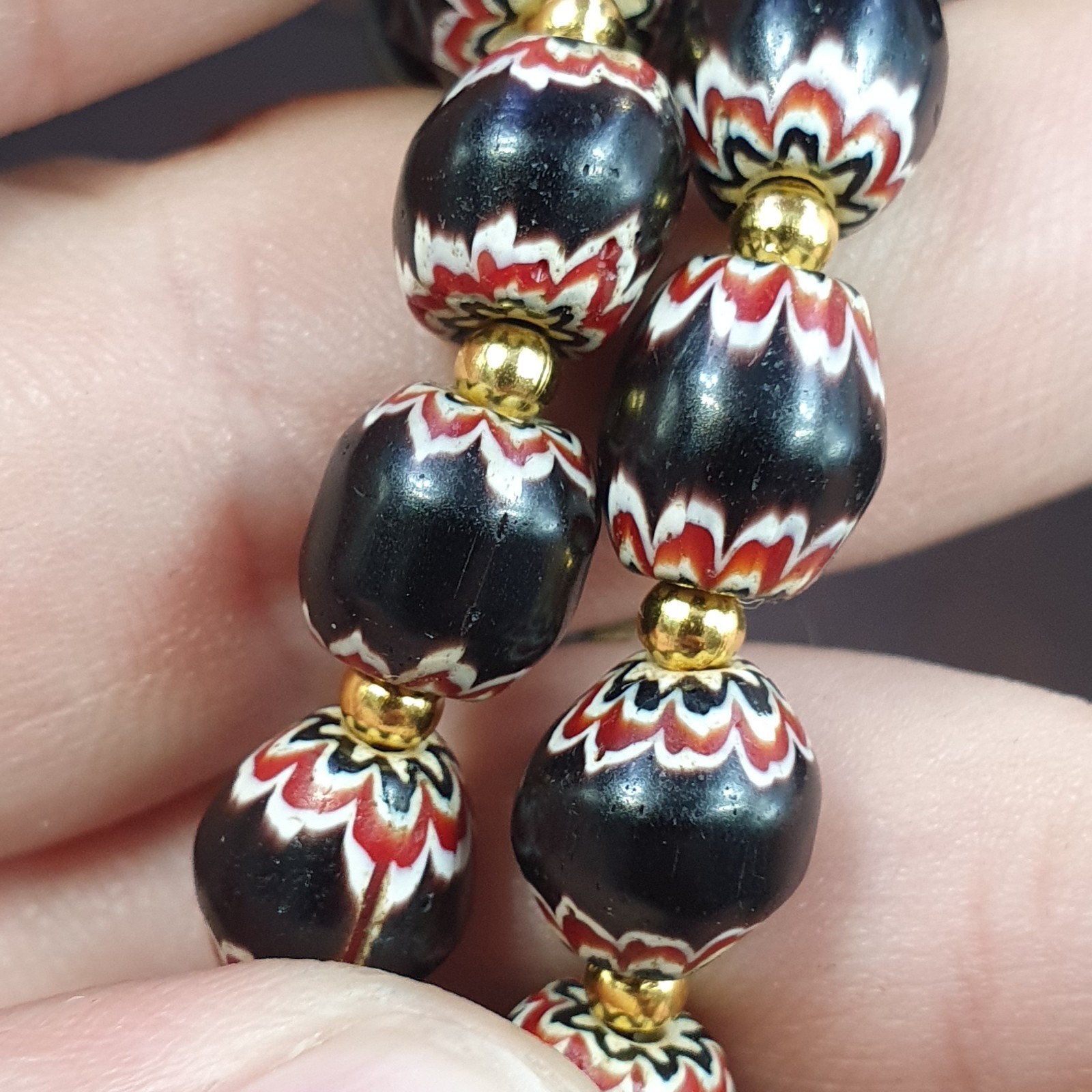 Vintage Venetian Style beads Old African black Glass Chevron Beads Long Strand