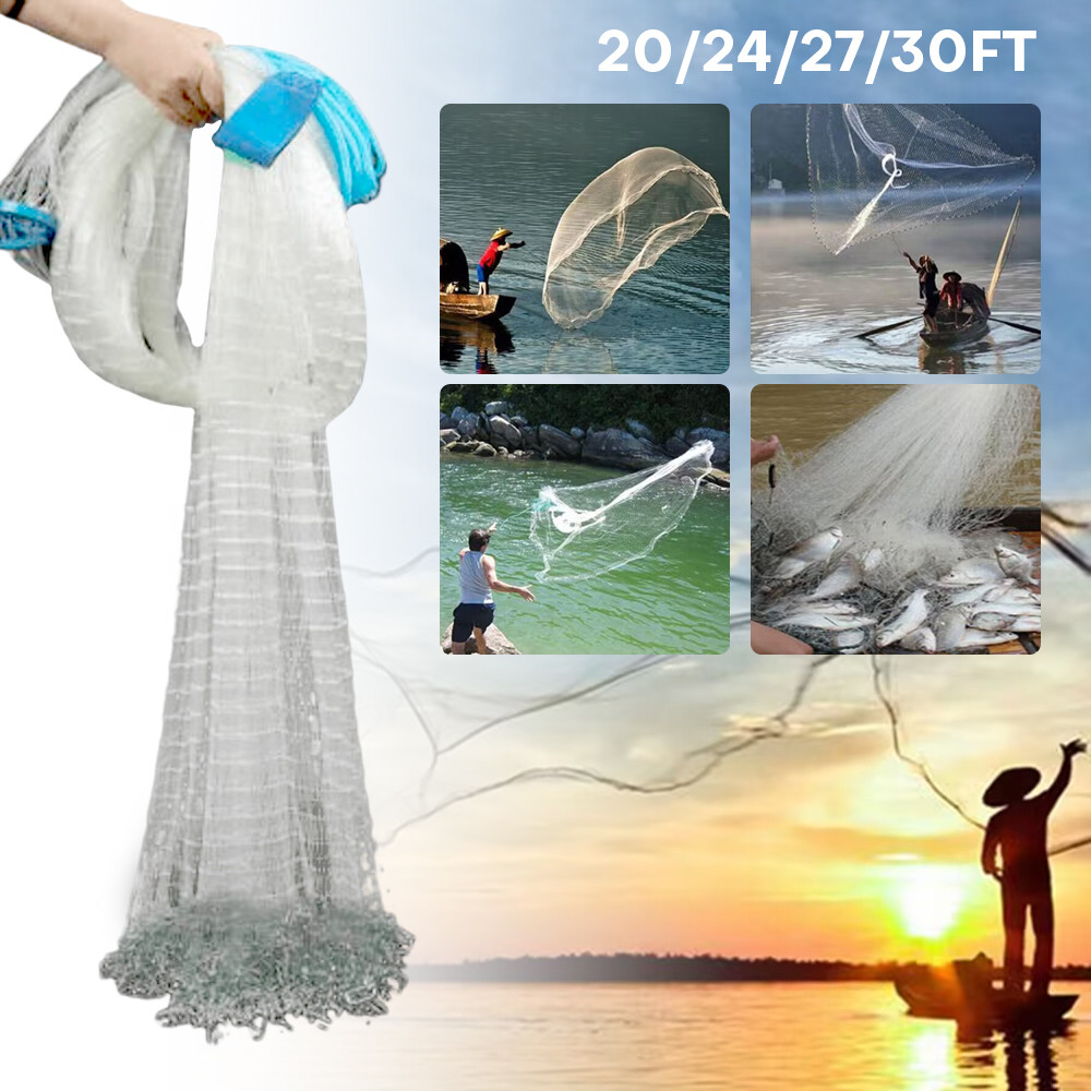 20/24/27/30ft Durable Cast Fishing Net w/ Heavier Steel Chain Sinker Boat Trap