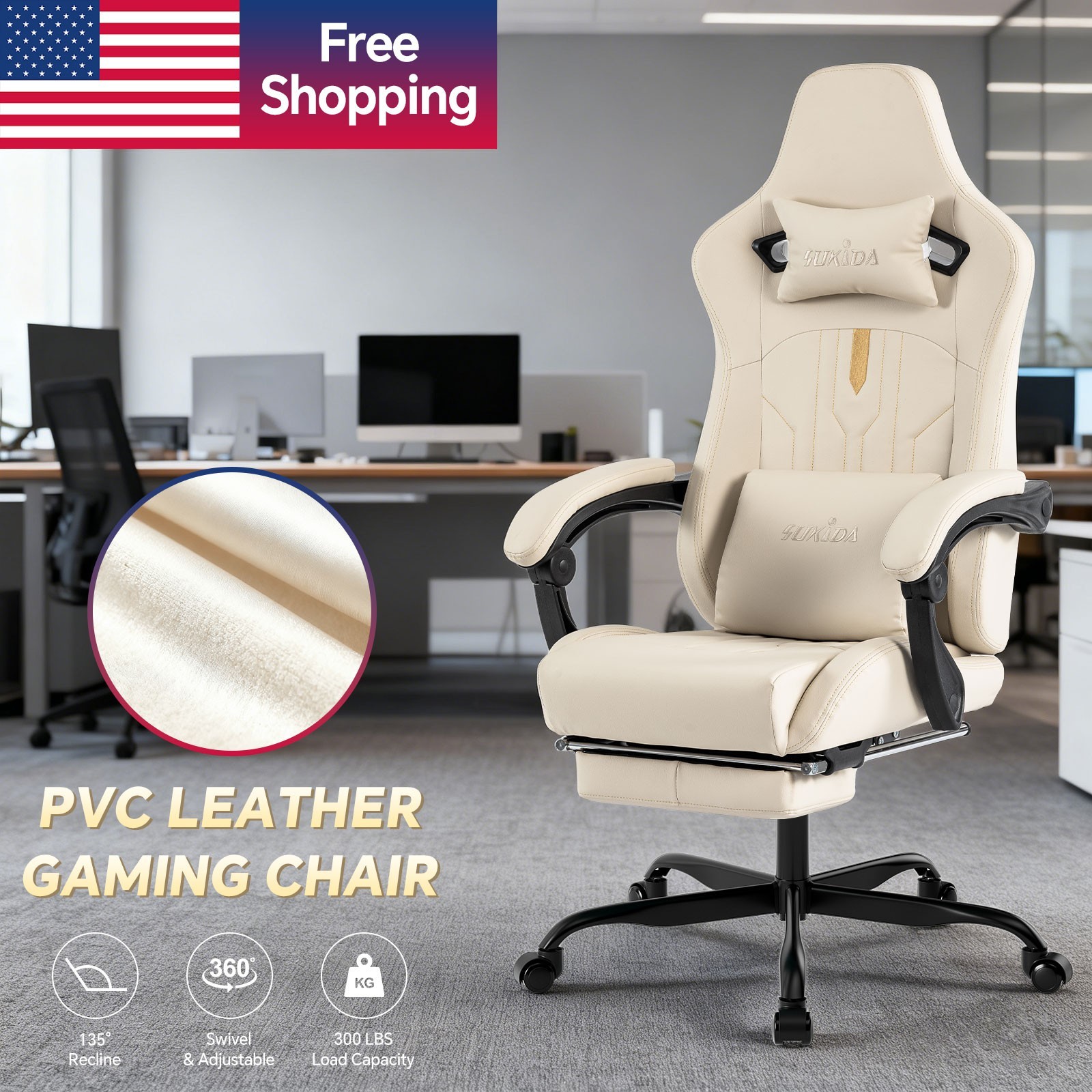 Gaming Chair with Footrest Ergonomic Computer Chair Massage Lumbar Cushion