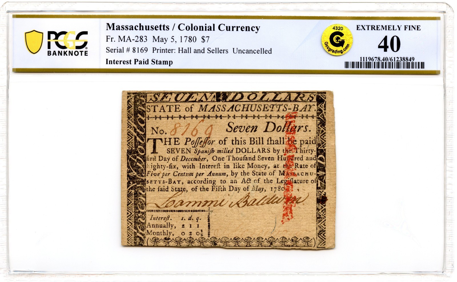 Massachusetts Colonial Note Fr#MA-283 May 5, 1780 $7 PCGS XF-40 GCC *Uncancelled