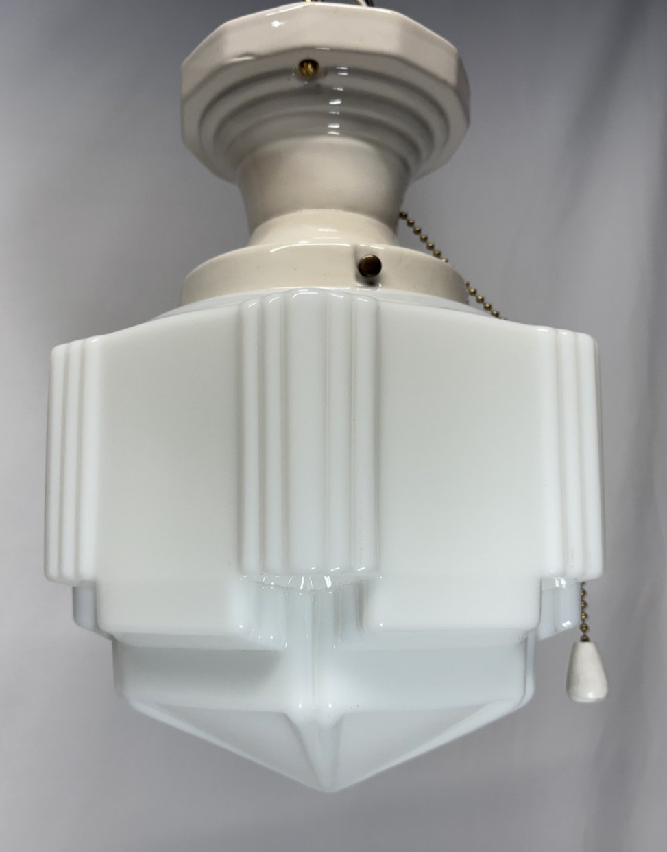 Skyscraper Shade Porcelain Ceiling Light Fixture Vtg Art Deco Glass USA #L44