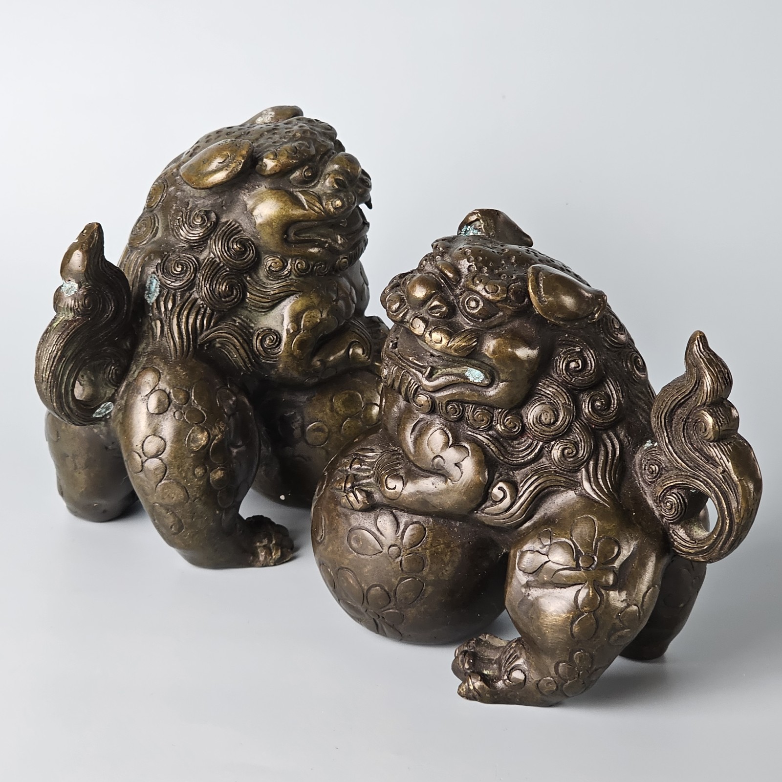 Vintage Asian Mythical Fu Foo Dog Guardian Lions Bronze Sculpture Marked