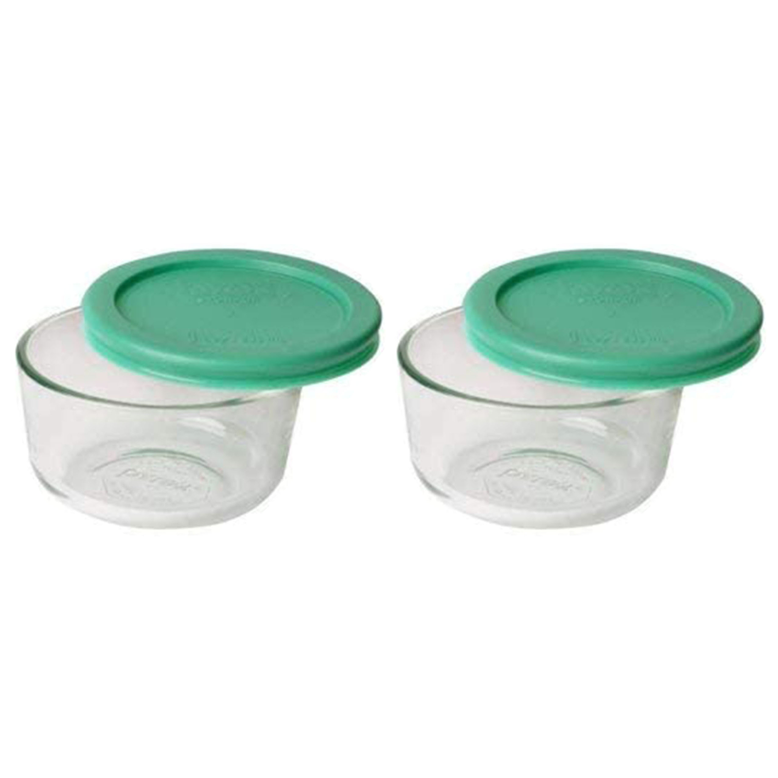 Pyrex (2) 7202 1 Cup Glass Bowls & (2) 7202-PC Green Lids