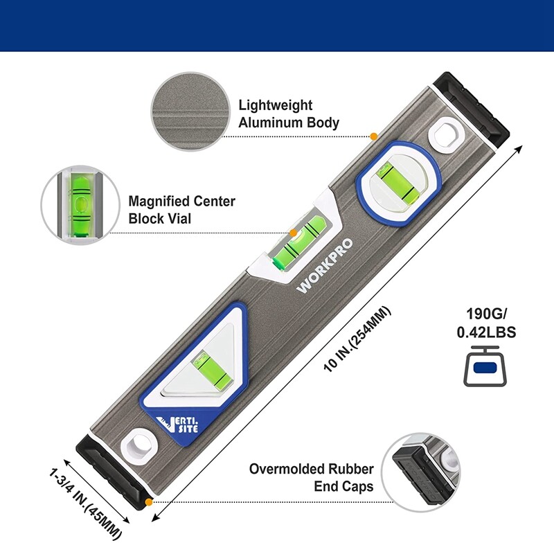 WORKPRO 10" Torpedo Level Aluminum Alloy Leveler Tool 3 Bubble Vials Verti. Site