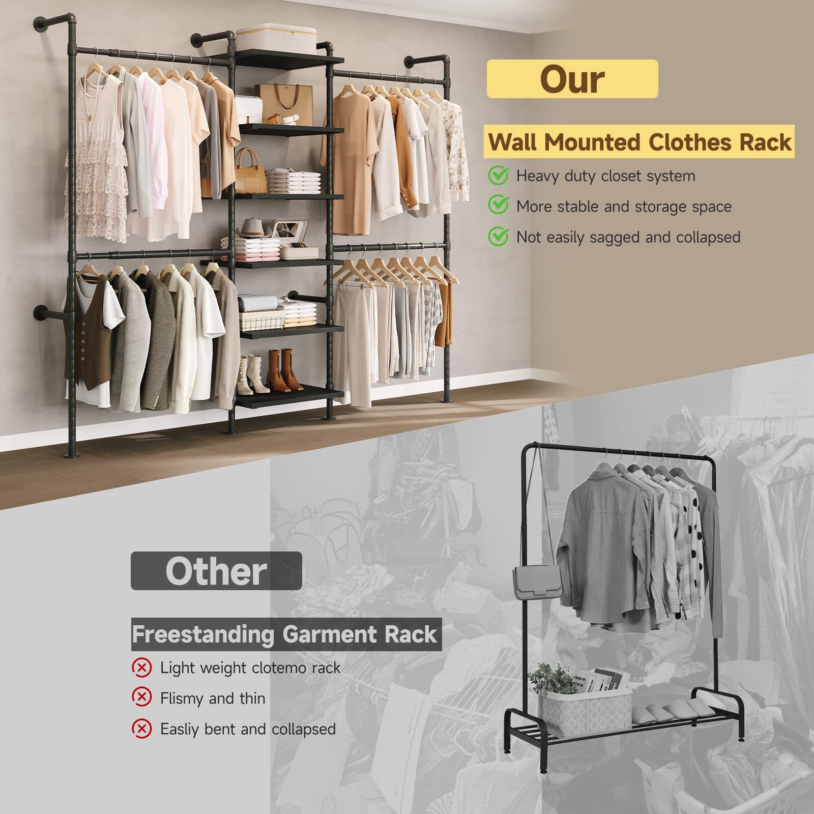 Wall Mounted Closet System 6 Wooden Shelves 4 Telescopic Rods Heavy Duty Black