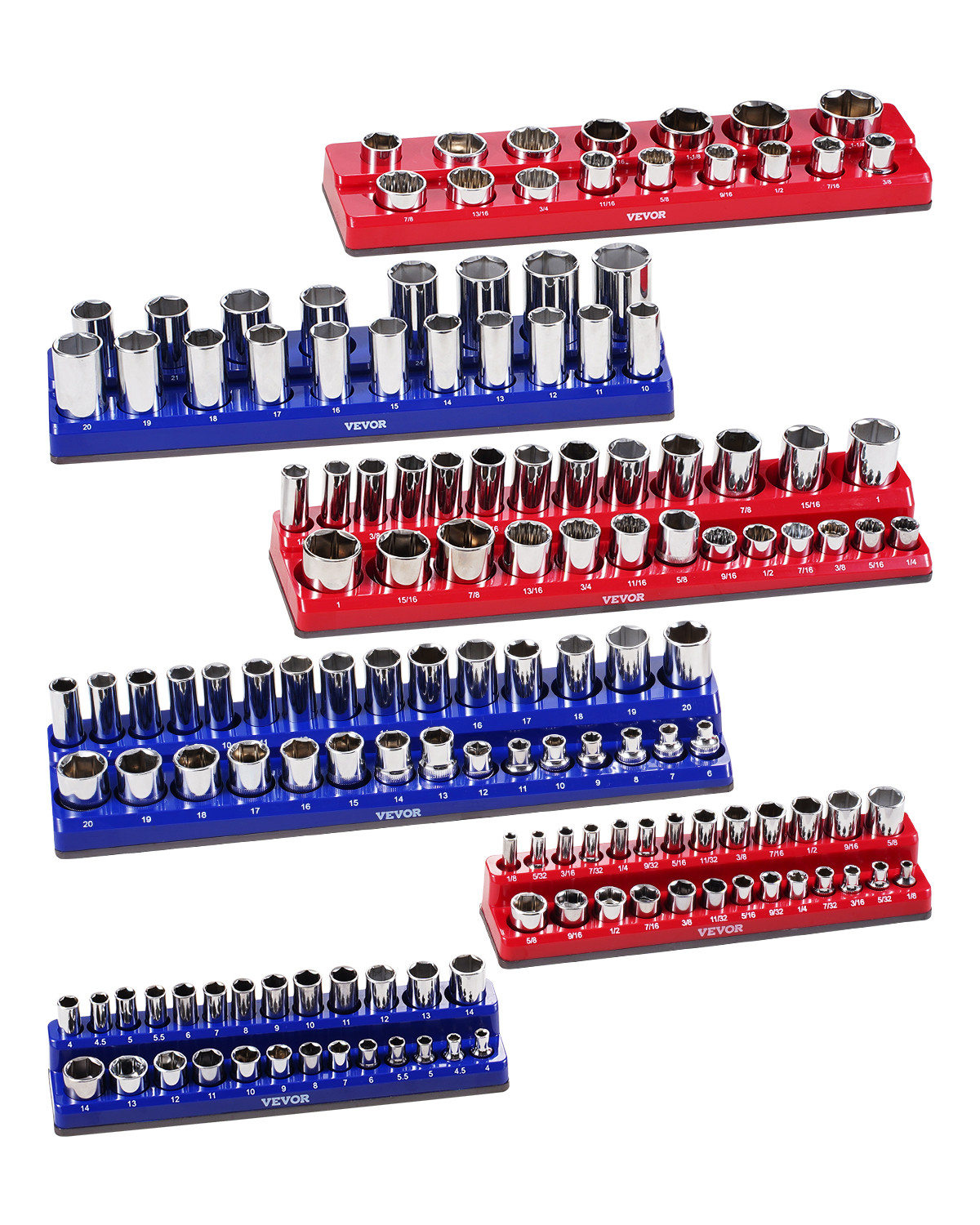 VEVOR Magnetic Socket Organizer Set 6PCS Socket Trays Blue & Red for Metric SAE