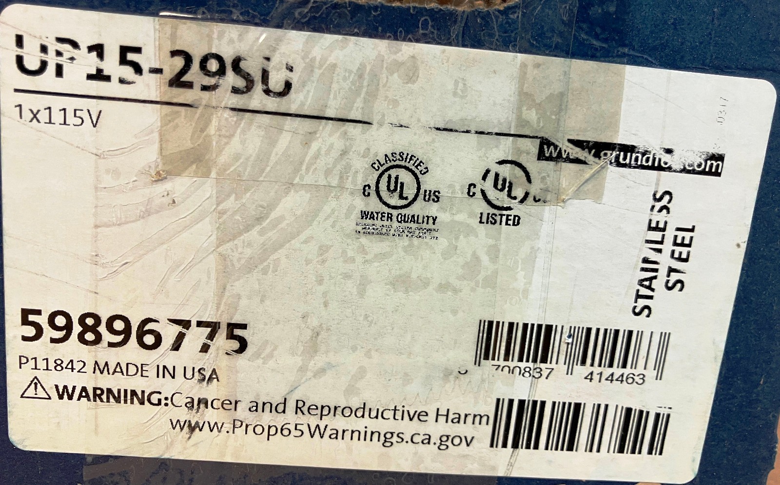 Grundfos UP15-29SU Circulation Pump & P/N 529911 22.2 mm Union Set