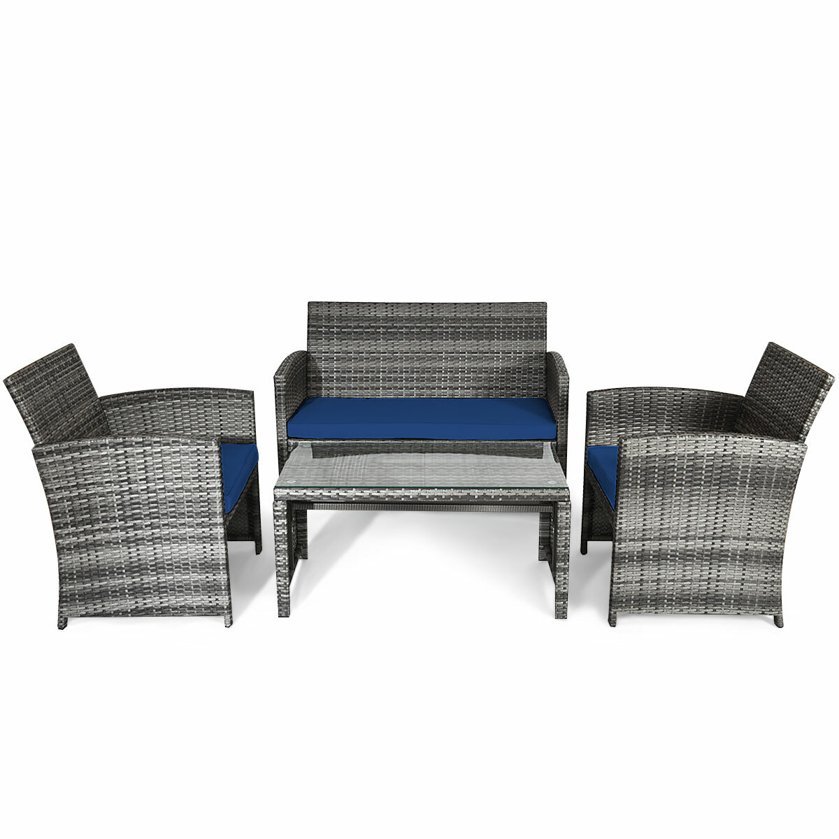 4PCS Patio Rattan Furniture Set Conversation Glass Table Top Sofa Cushioned Navy