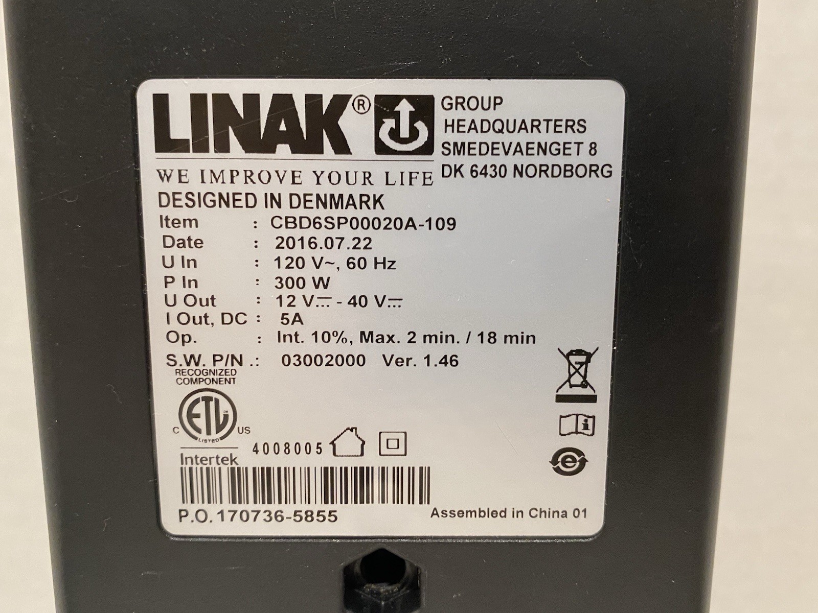 Linak Control Box Model CBD6SP00020A-109 With Cord And Height Controller Bar