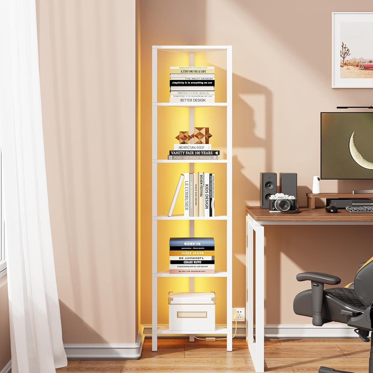 Estantería esquinera de 6 niveles con luz LED, ideal para espacios reducidos, co