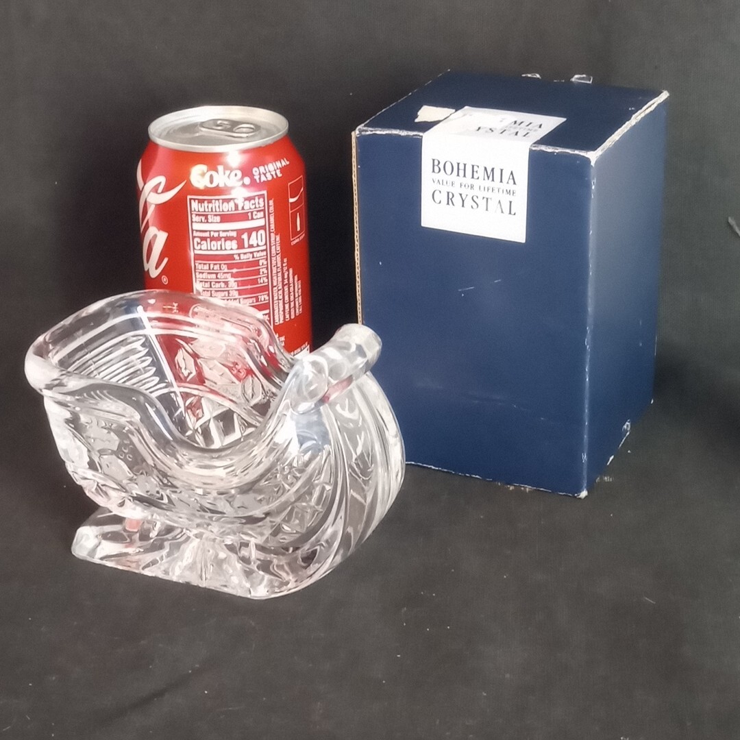 Bohemia 24% Lead Crystal Sleigh Centerpiece Candy Dish 5” x 3.5” In Box Vintage
