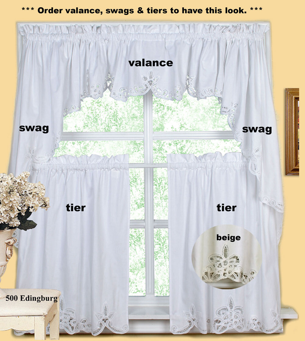 Creative Linens Battenburg Kitchen Curtain Valance Tier Swag White Beige