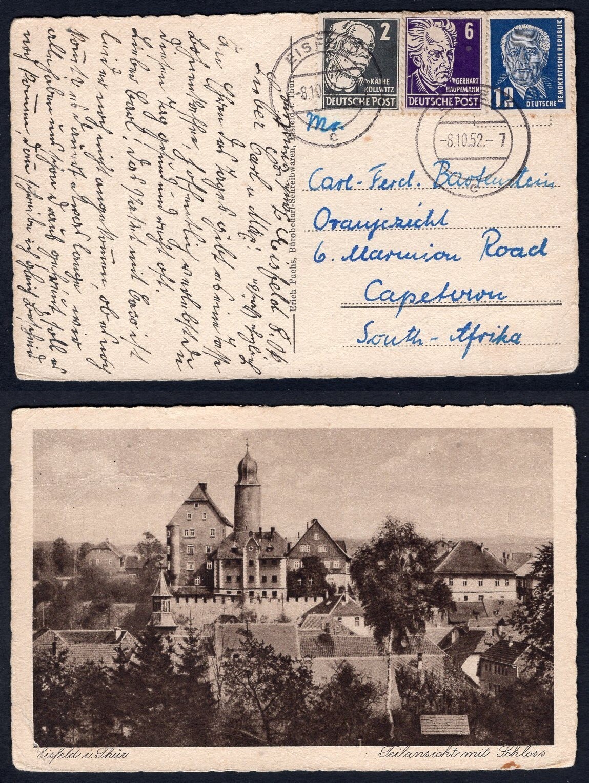 GERMANY 1952 DDR & Soviet Zone Stamps Mixed Franking on Postcard to South Africa