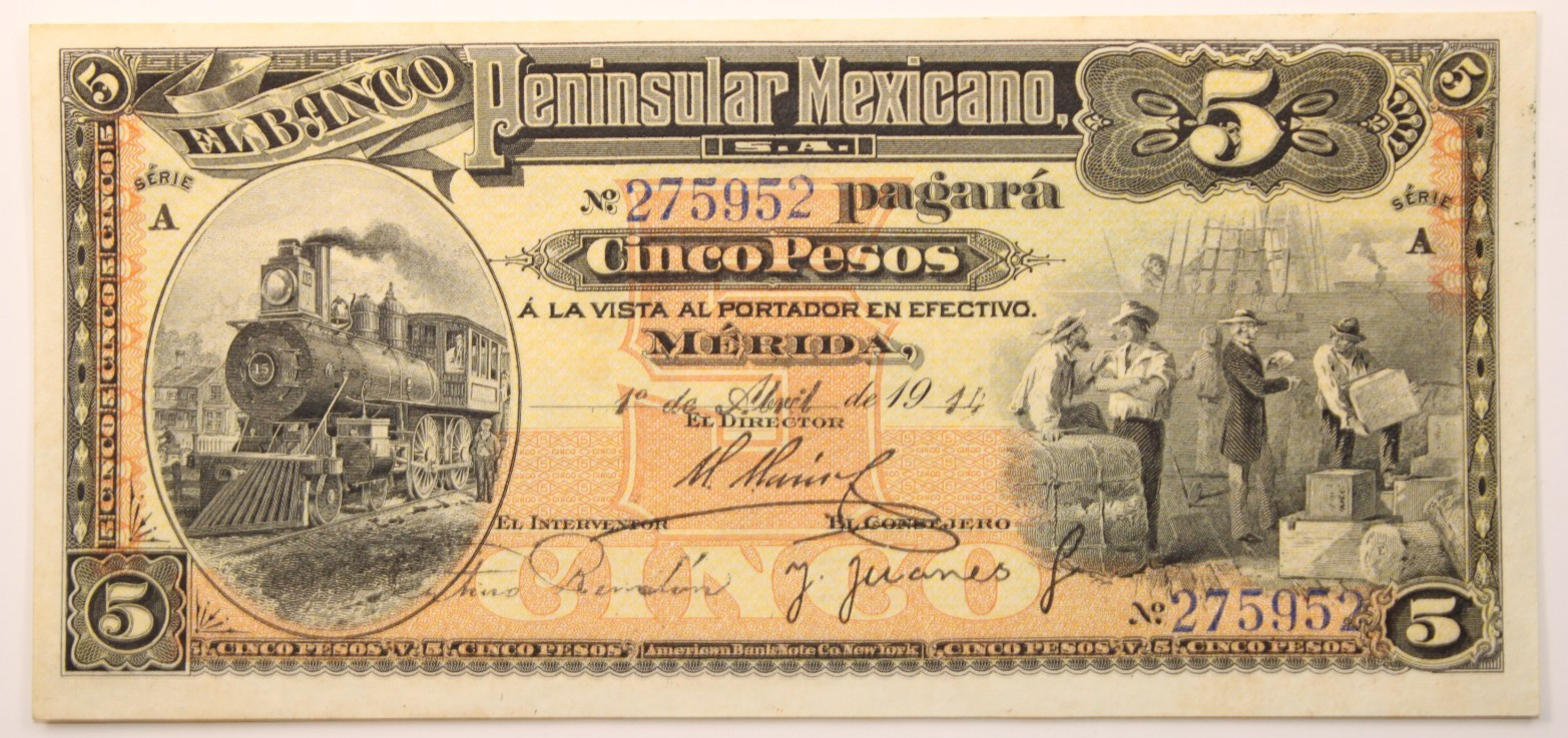 Yucatan Peninsular Mexicano Bank Note S465a 1914 Mexico 5 Peso . AU      # 0400