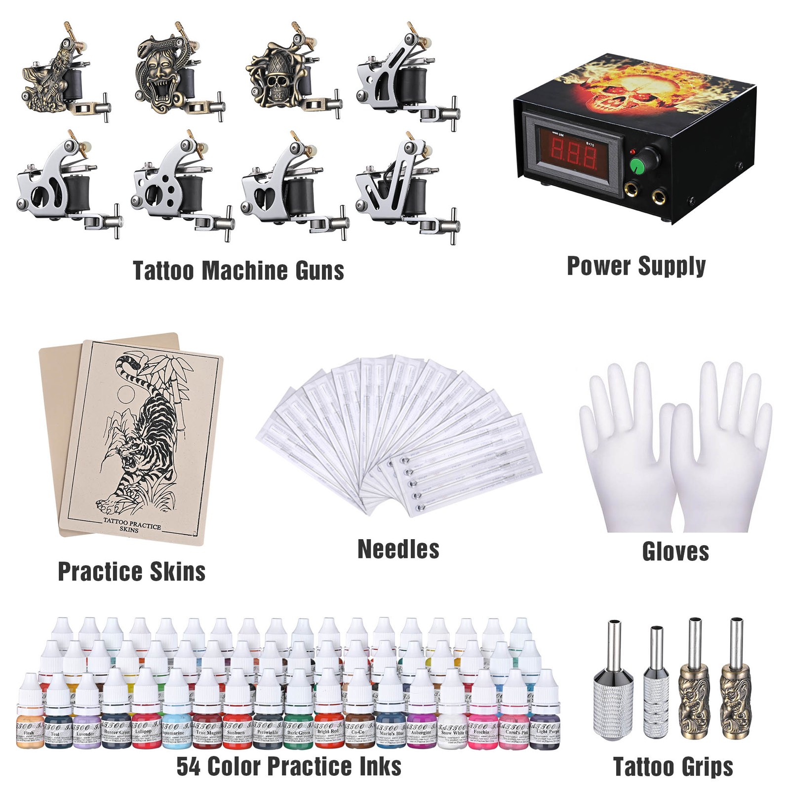Complete Tattoo Kit 2 4 8 Tattoo Machine Guns 40 54 Ink Power Supply Equipment