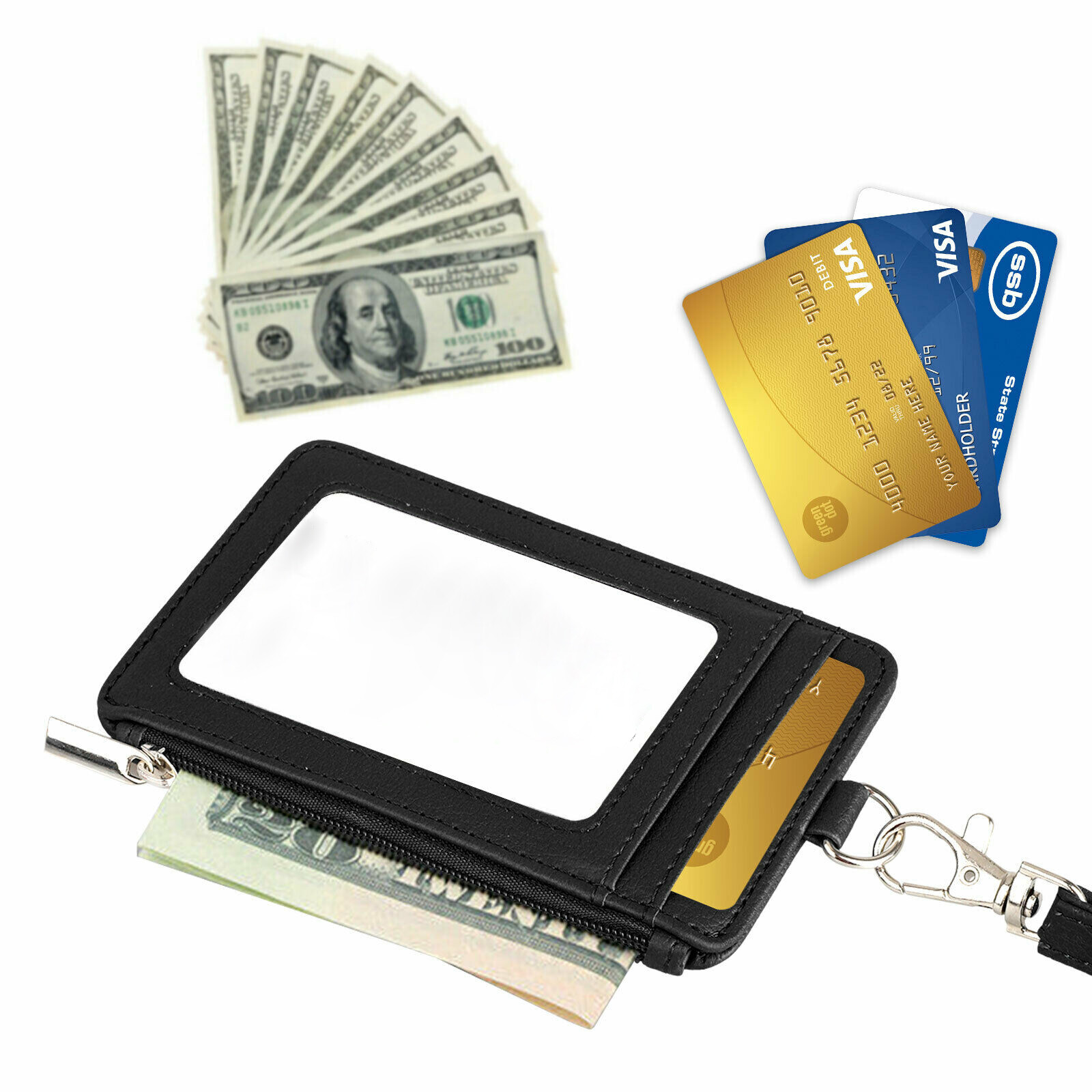 Vertical Leather ID Card Holder Badge Wallet Pocket W/6 Slot Neck Strap Lanyard