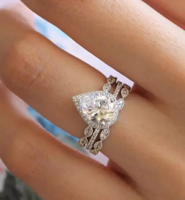 3.50Ct Pear Cut Moissanite Trio Band Set Engagement Ring 14k White Gold Plated