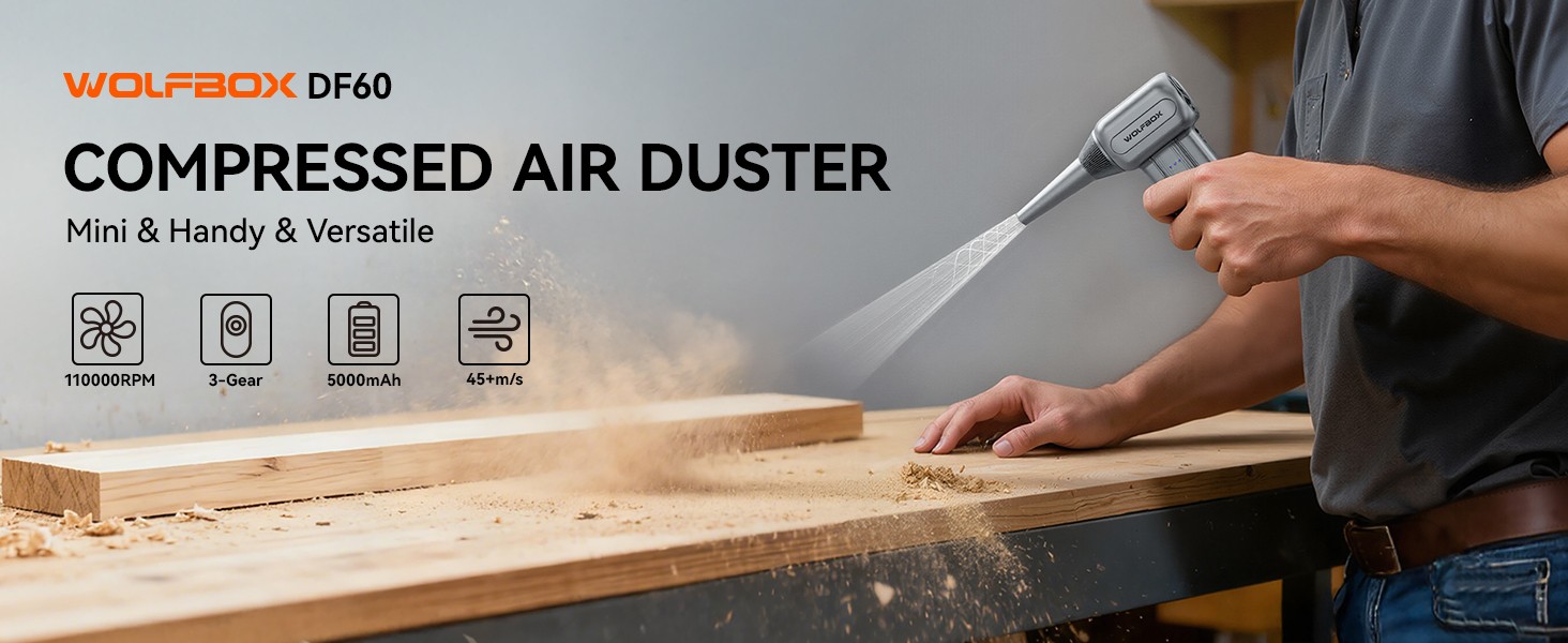 WOLFBOX DF60 110000RPM Compressed Air Duster 3-Speed w/ 5 Nozzles, Fast Charging