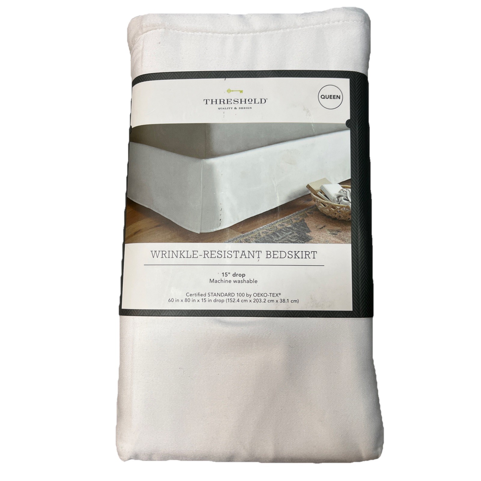 New Threshold Queen White Wrinkle Resistant Cotton Sateen Bed Skirt 15" Drop