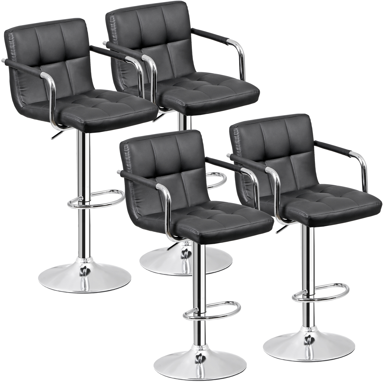 Set of 4 Bar Stools Swivel Adjustable Bar Chairs PU Leather w/Backrest & Armrest