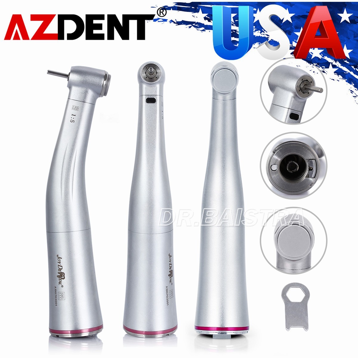 AZDENT LED Dental Electric Handpiece 1:5 Contra Angle Fiber Optic High Speed