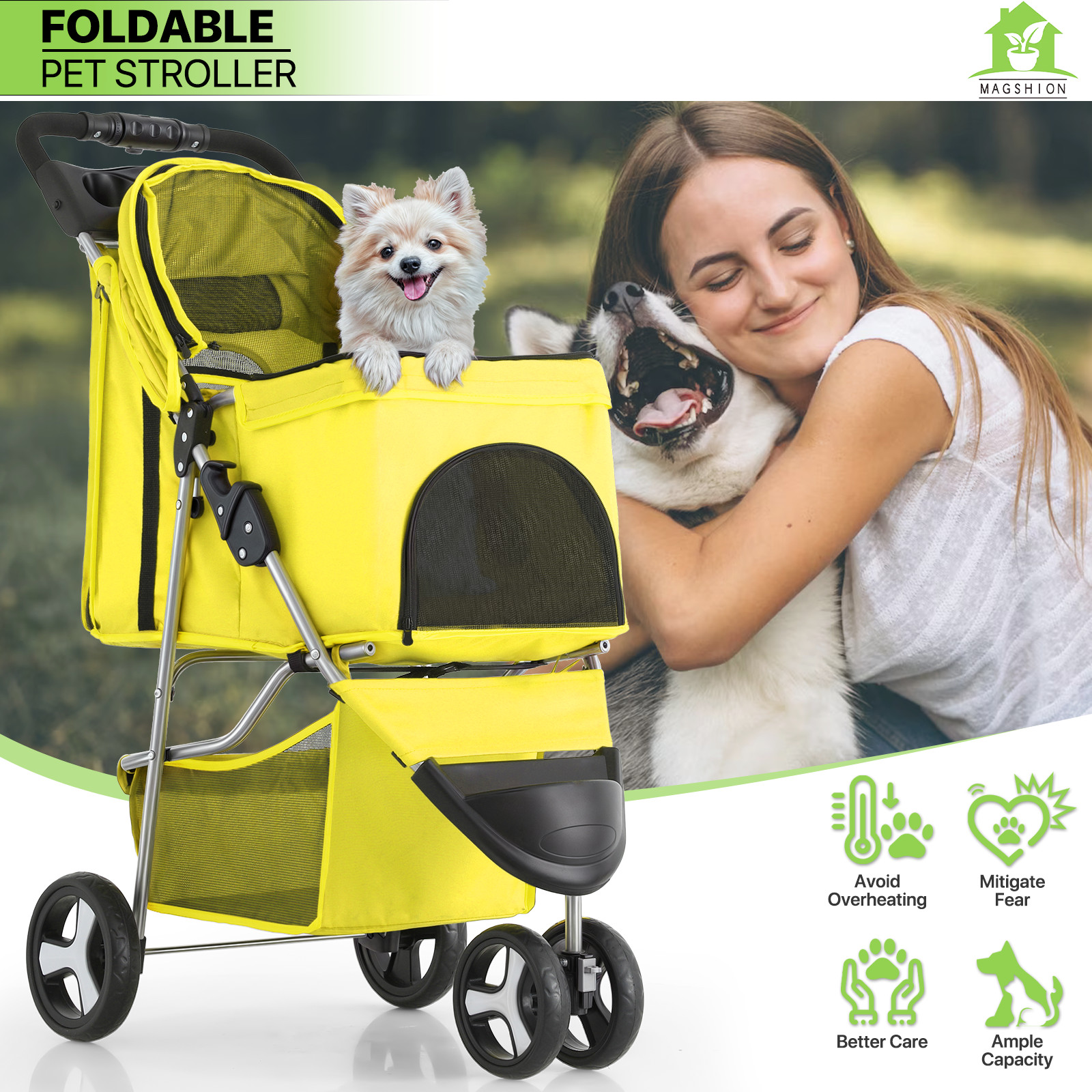 Yellow Foldable Dog Stroller Portable Pet Cat Carrier Cart w/Adjustable Sunshade