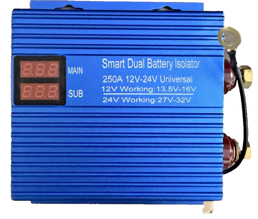 Smart Dual Battery Isolator 250A 12V-24V Universal Dual Digital Display - Blue