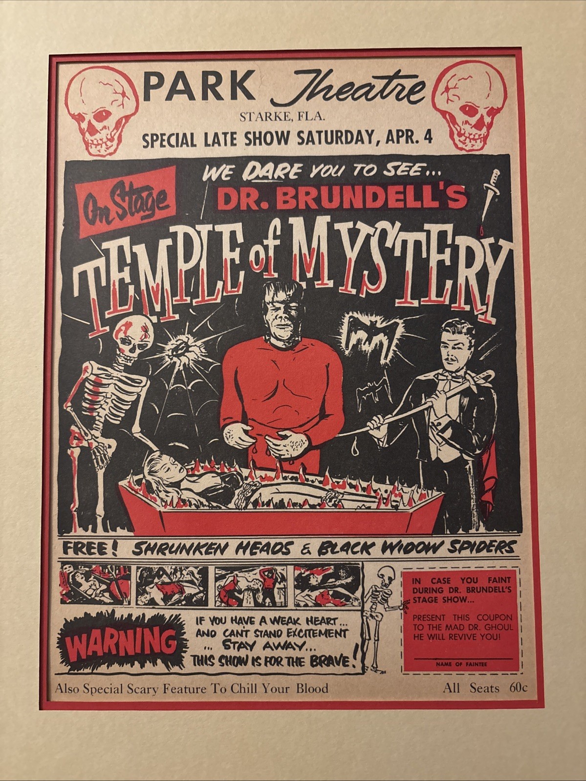 1960s Park Theatre Temple Of Mystery Poster Frankenstein Universal Monsters