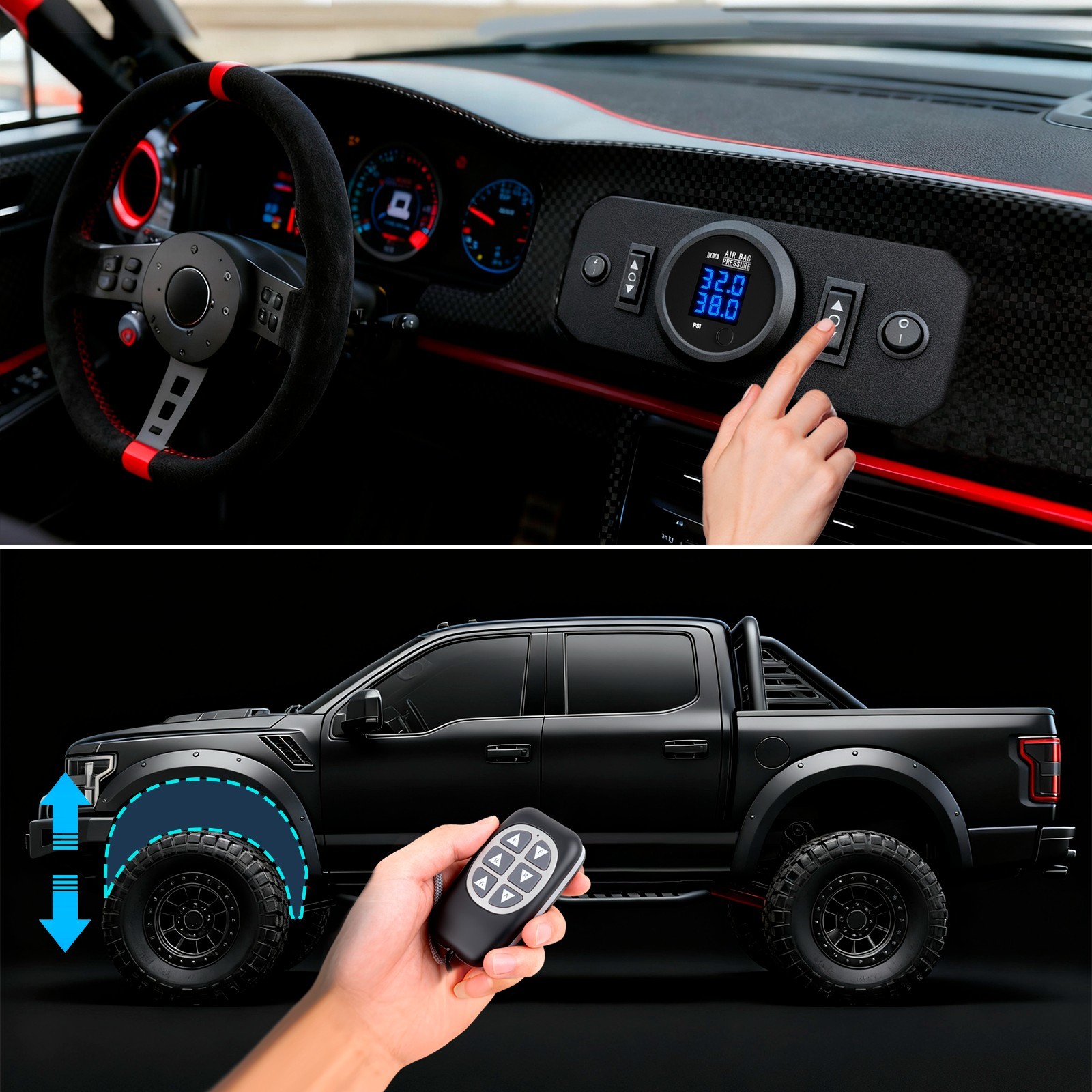 Air Ride Suspension Solenoid Valve Remote & Control Panel Kit w/ Pressure Gauge