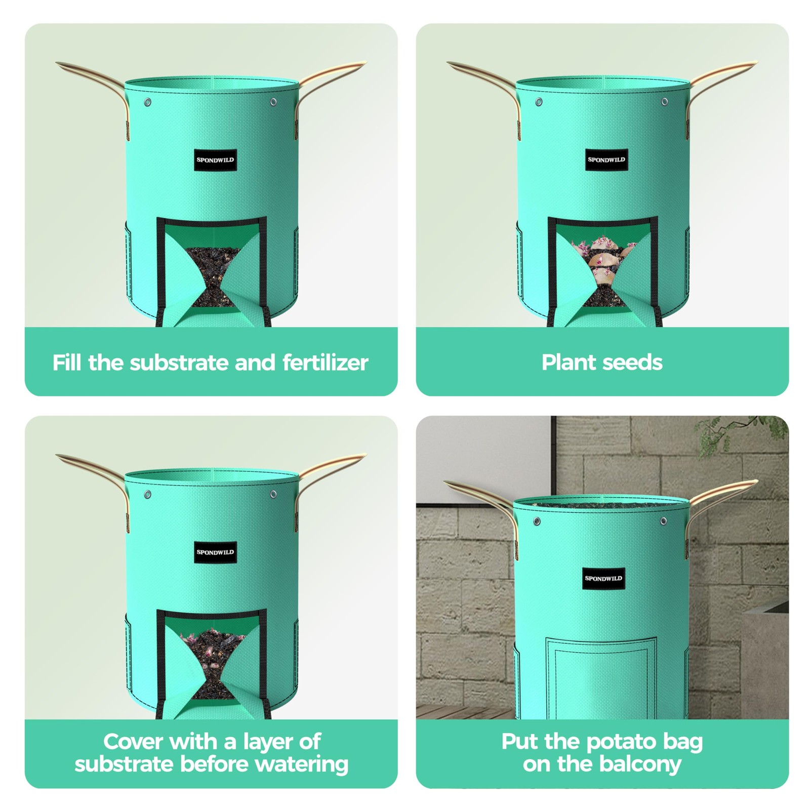 SPONDWILD 4 Pack 15 Gallon Potato Grow Bags, PE Garden 15 gallon, Green