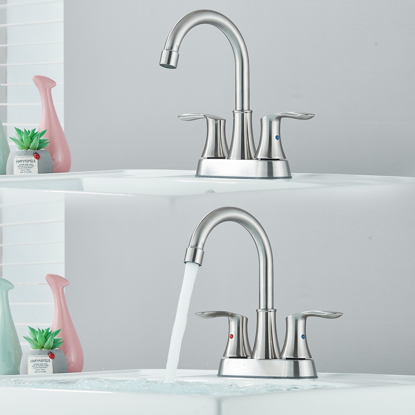 Brushed Nickel Bathroom Sink Faucet 3Hole 4in Centerset Vanity Mixer with Drain