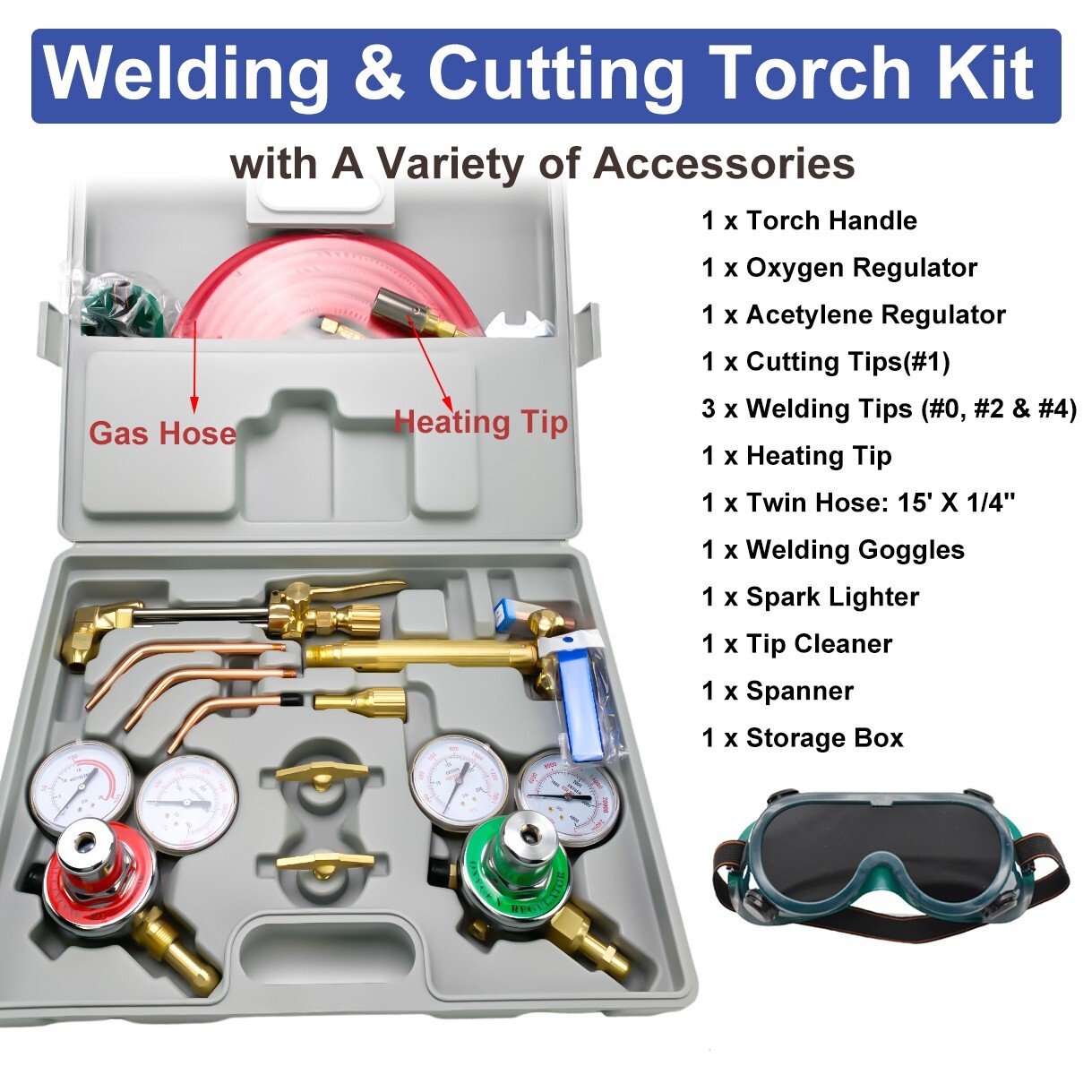 Oxygen Acetylene Gas Cutting Torch Regulator Welding Kit w/15' Hose Glasses Case