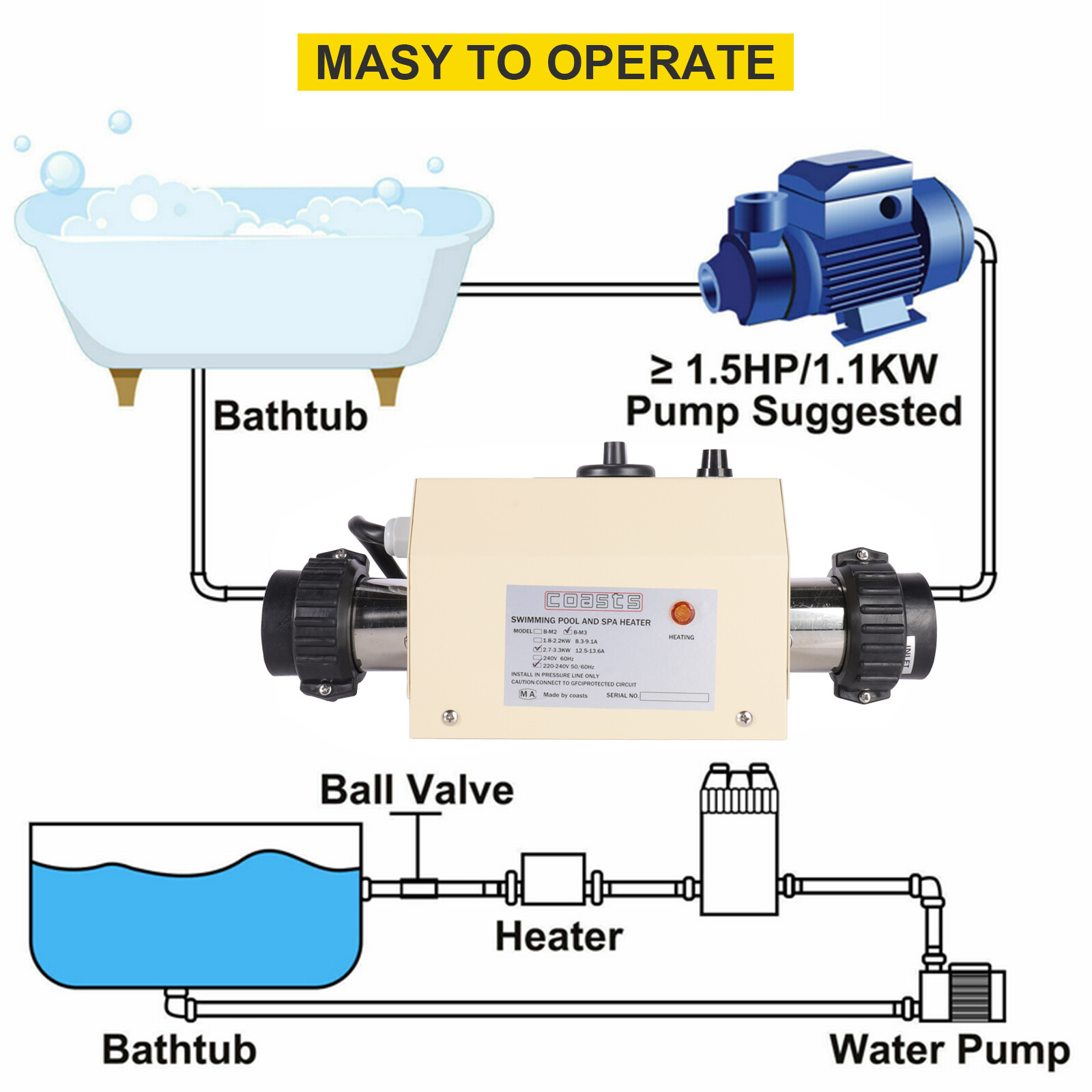 220V SPA Heater Electric Swimming Pool and Heating Tub Water Heater Thermostat