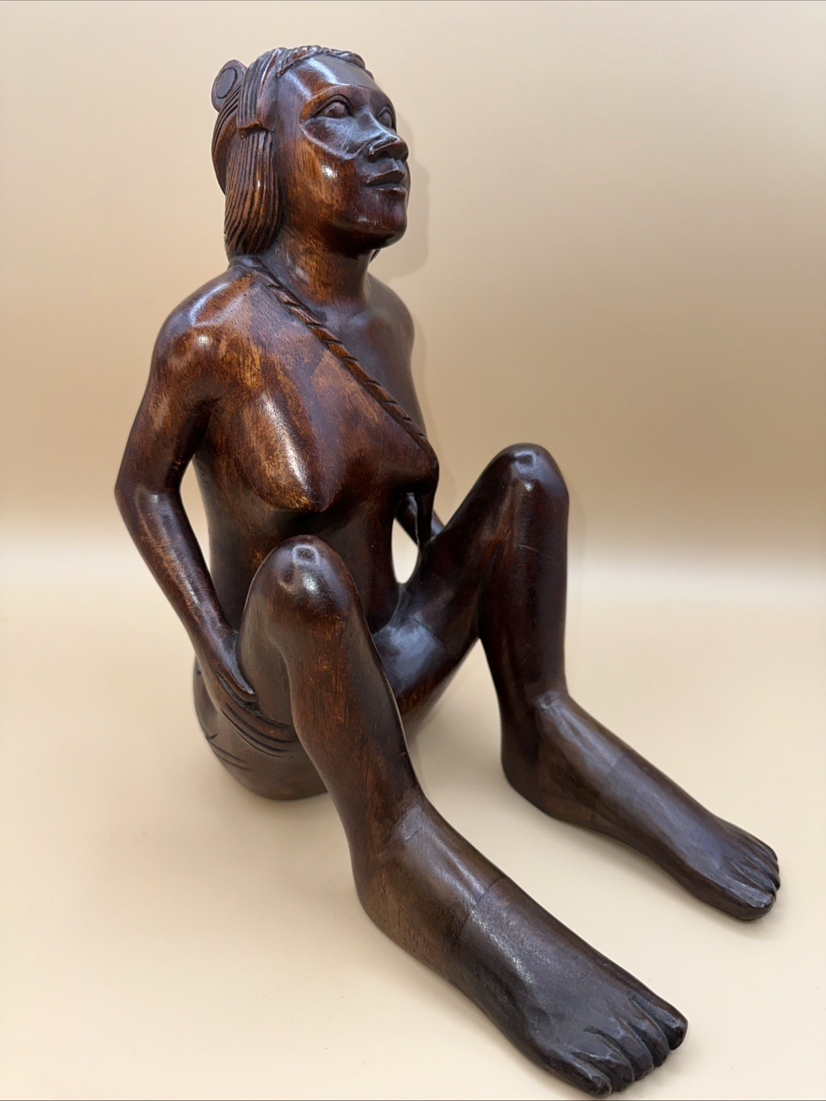 RARE!! VTG AFRICAN MAKONDE MAASAI HAND-CARVED EBONY WOOD SEATED WOMAN SCULPTURE