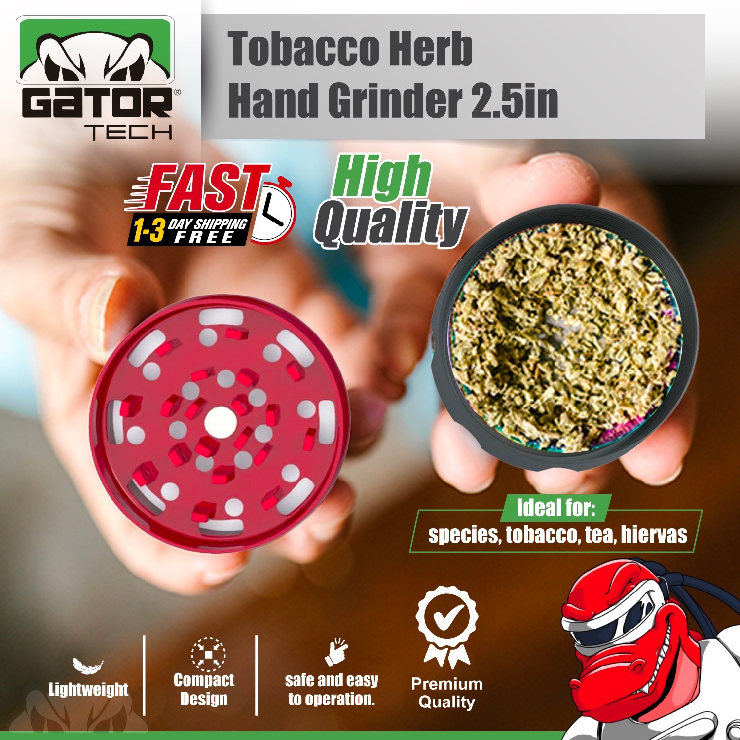 Tobacco Herb Grinder Spice Herbal Metal Crusher 2.5” Large Hand Handle Muller