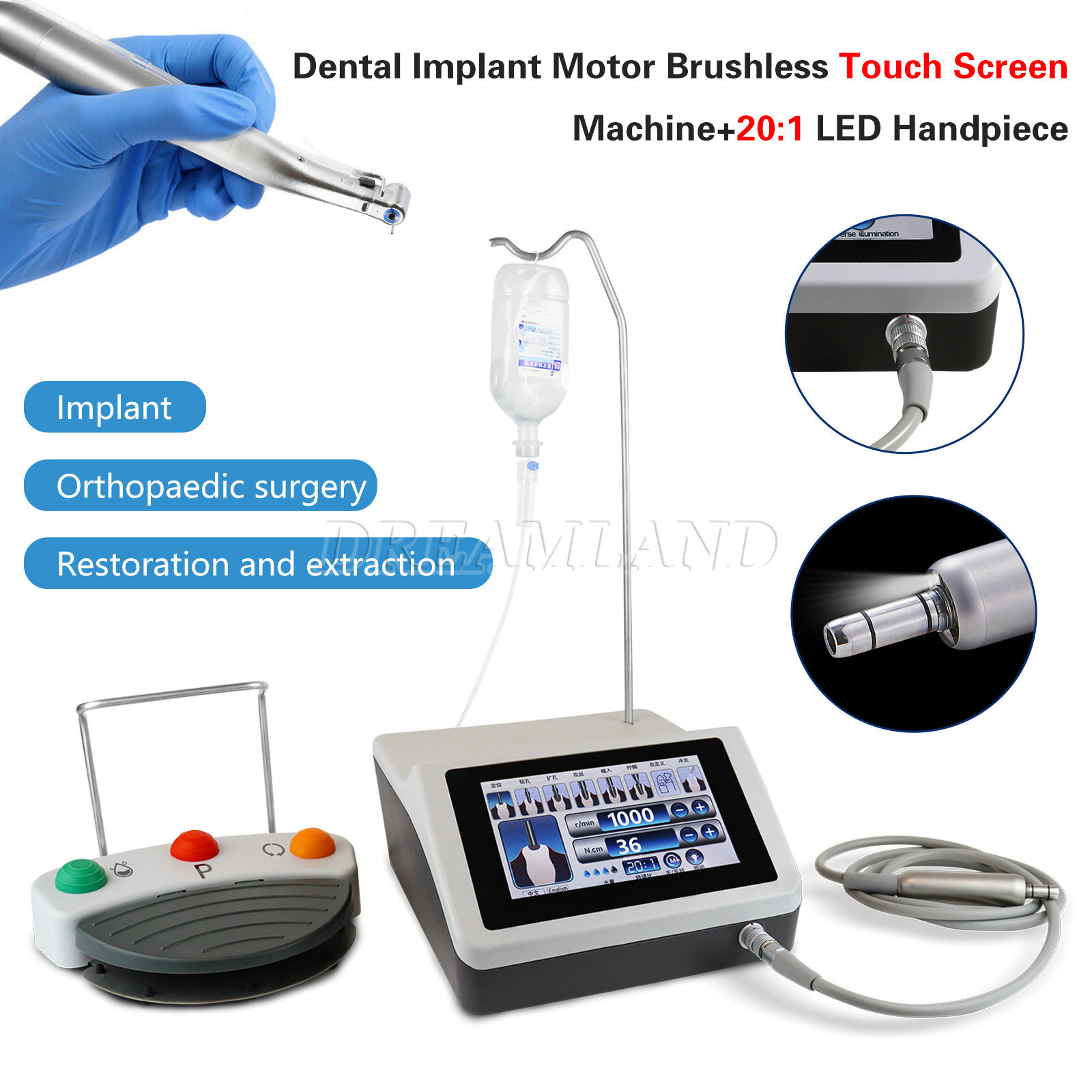 Dental Surgical Implant Motor Touch Screen w/ LED Fiber Optic 20:1 Contra Angle