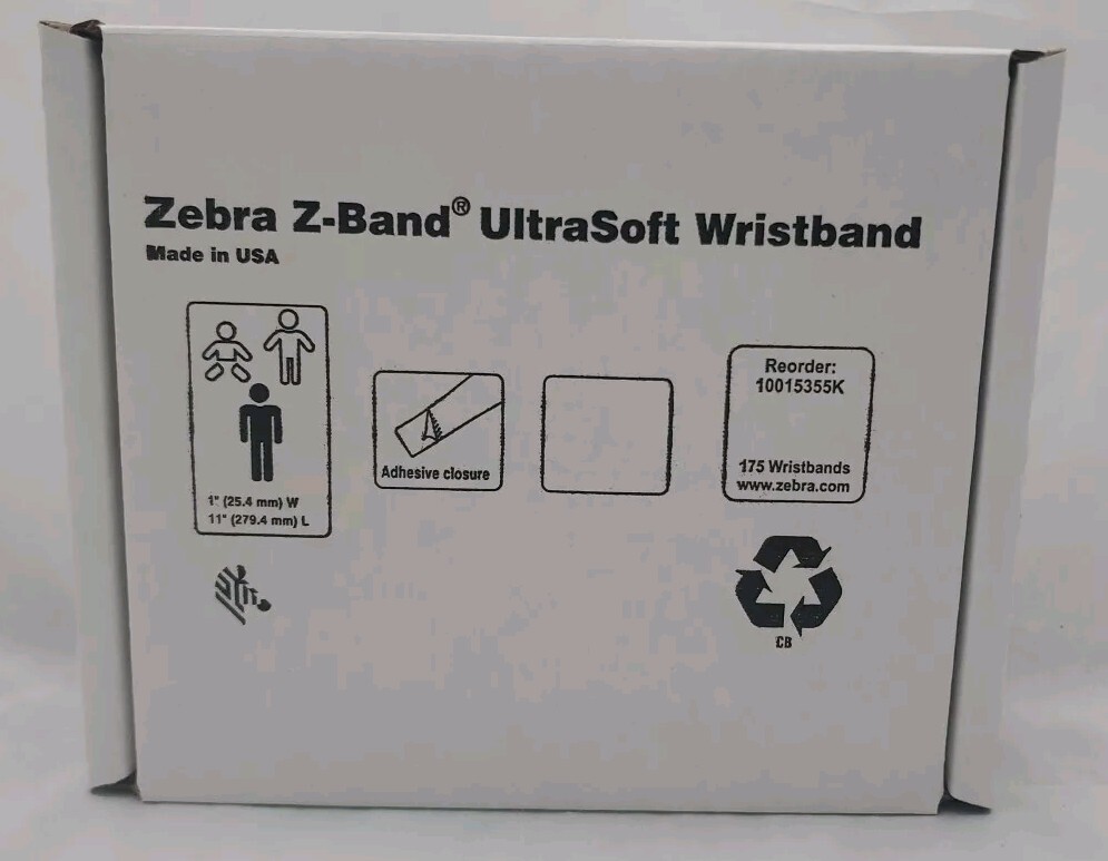 6 Pk Zebra 10015355K 1"×11" Adult Z-Band UltraSoft Wristband Cartridge 175 White