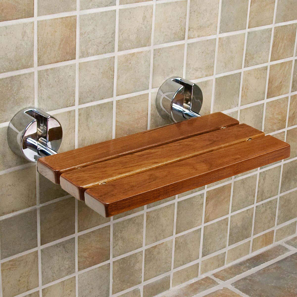 Clevr 20in Teak Folding Shower Seat Bench Wall Mount, New