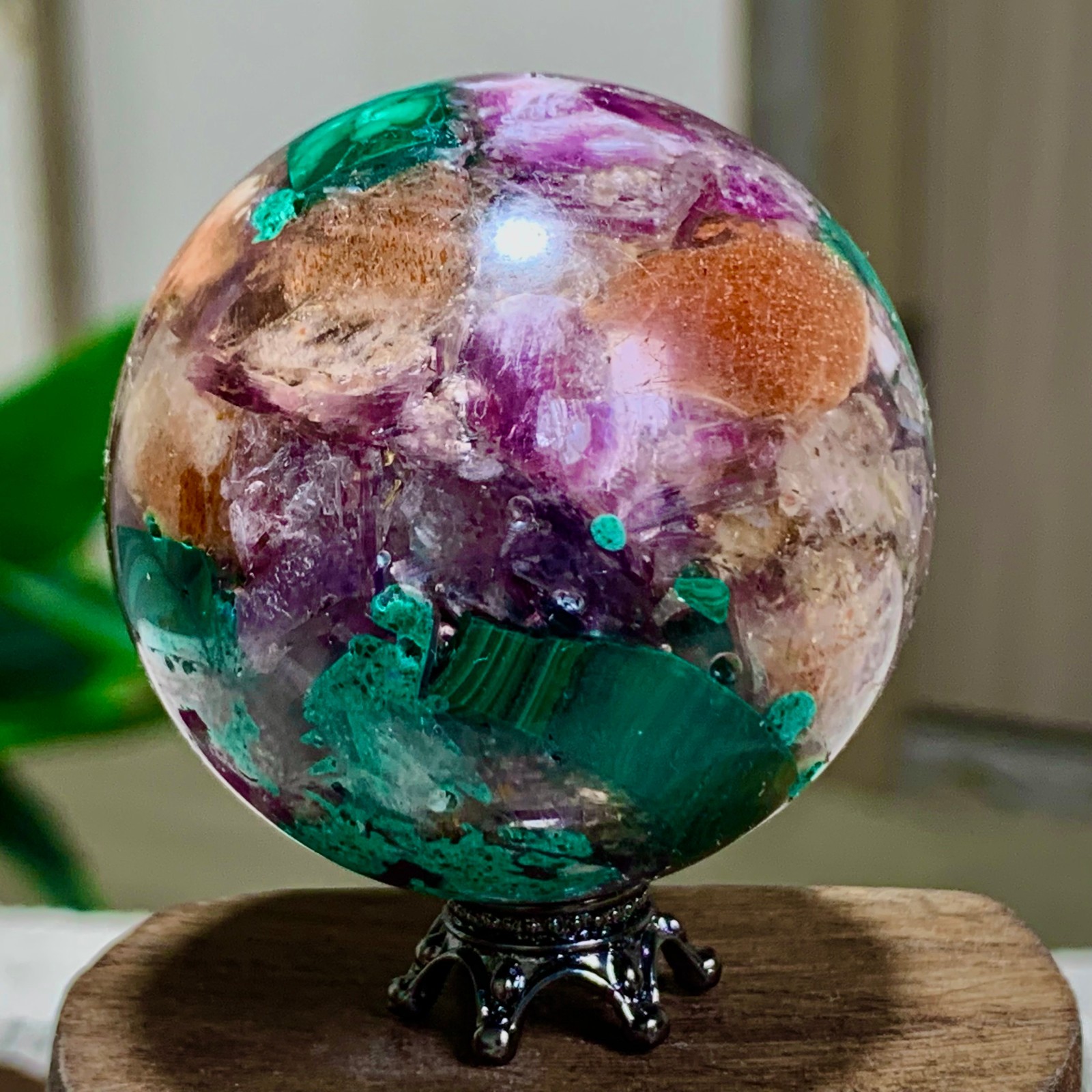 117G Newly discovered rare malachite purple mica symbiotic sphere restoration