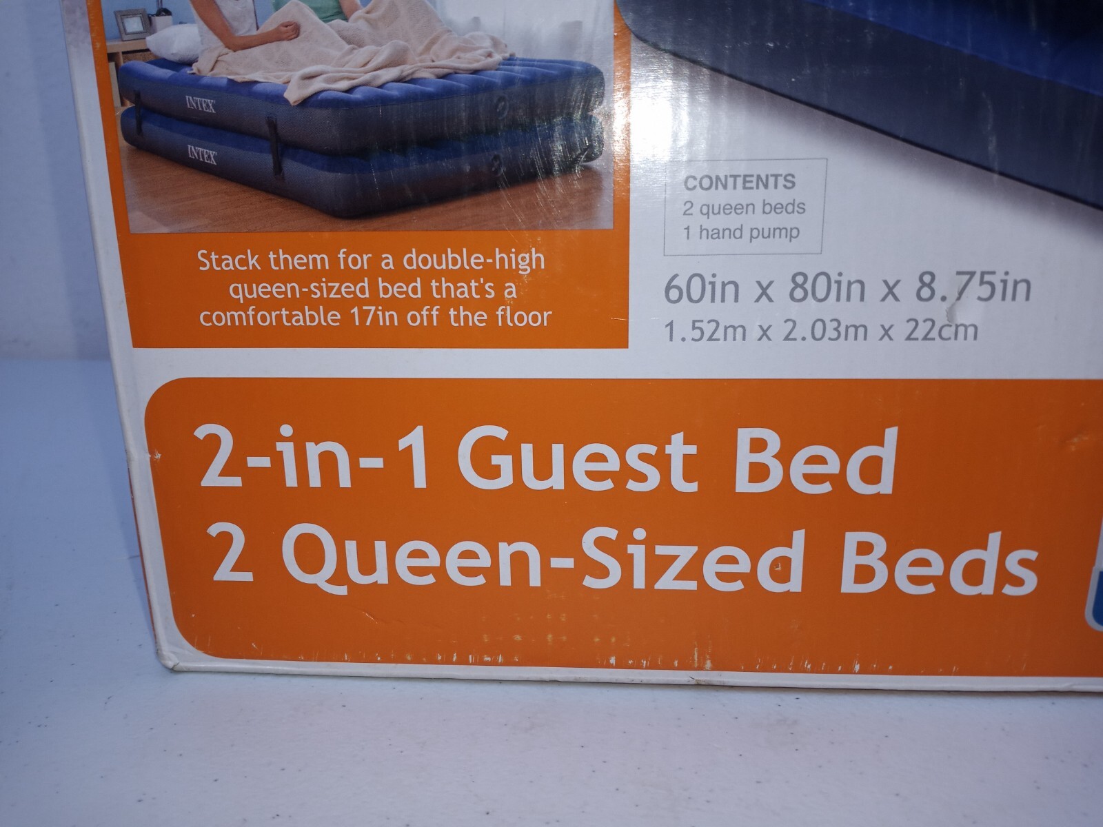 Intex 2 in 1 Guest Bed 2 Queen Sized Air Mattress Beds w/ Hi Output Hand Pump