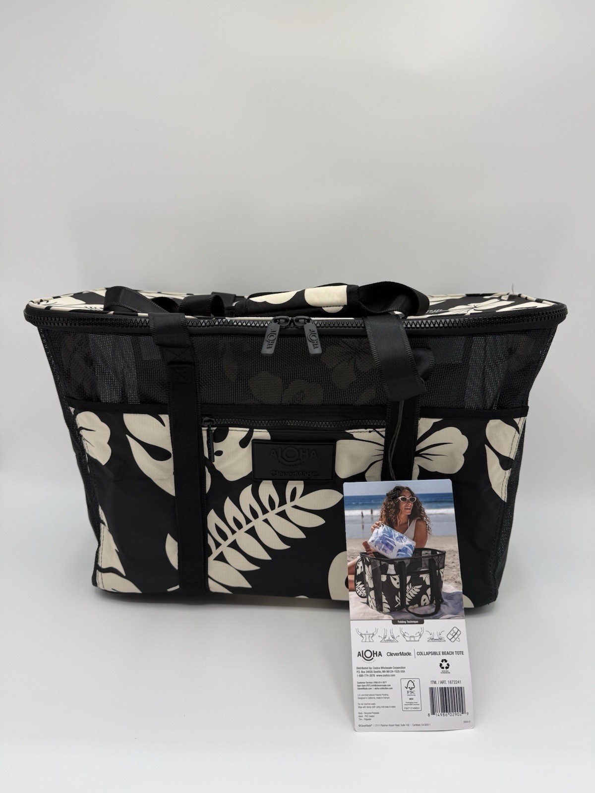 Aloha Collection CleverMade Collapsible Beach Tote Bag - Floral Black