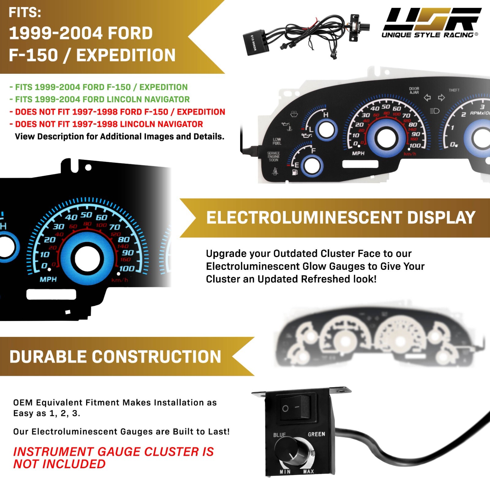 BLUE Glow Gauge Black Overlay For 99-04 Ford F150/Expedition Instrument Cluster