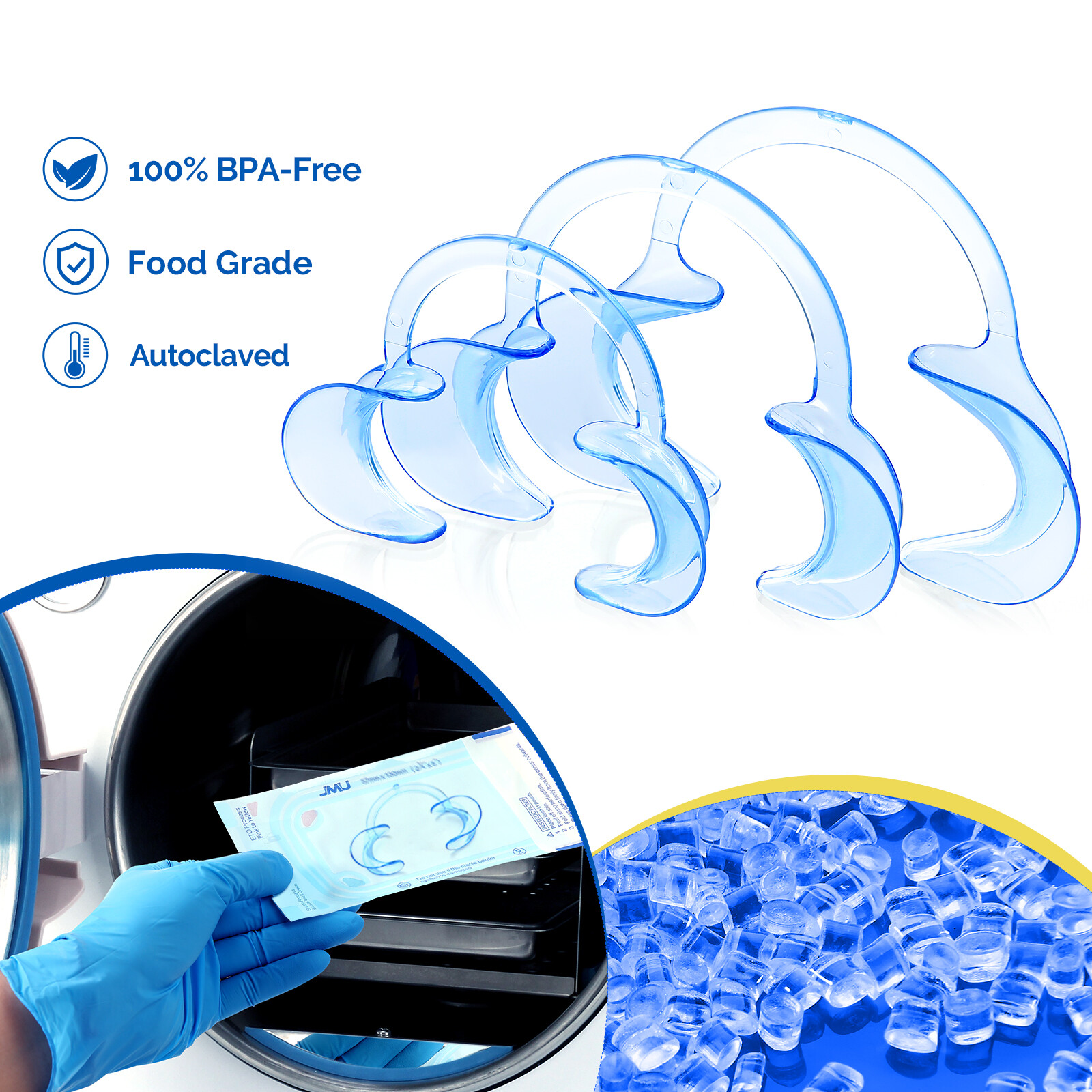 JMU Dental C-Shape Cheek Retractor Mouth Opener Autoclavable S+M+L 3pcs Blue