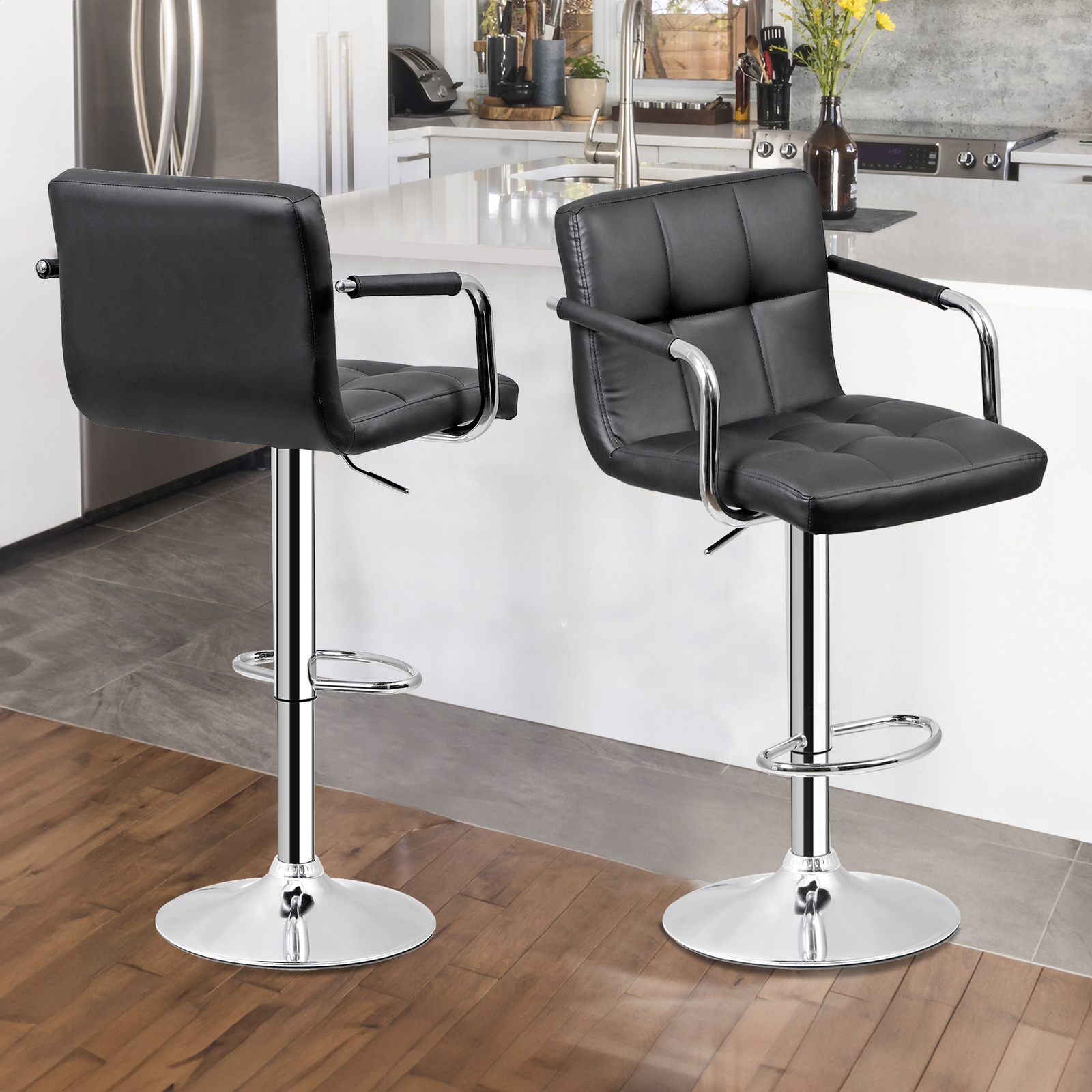 Set of 4 Bar Stools Swivel Adjustable Bar Chairs PU Leather w/Backrest & Armrest