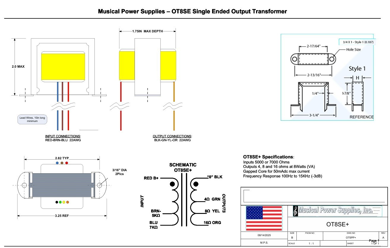 OT8SE-PLUS- Single Ended Tube Output Transformer 5K/7K: 4/8/16 Ohm 8VA 50mADC