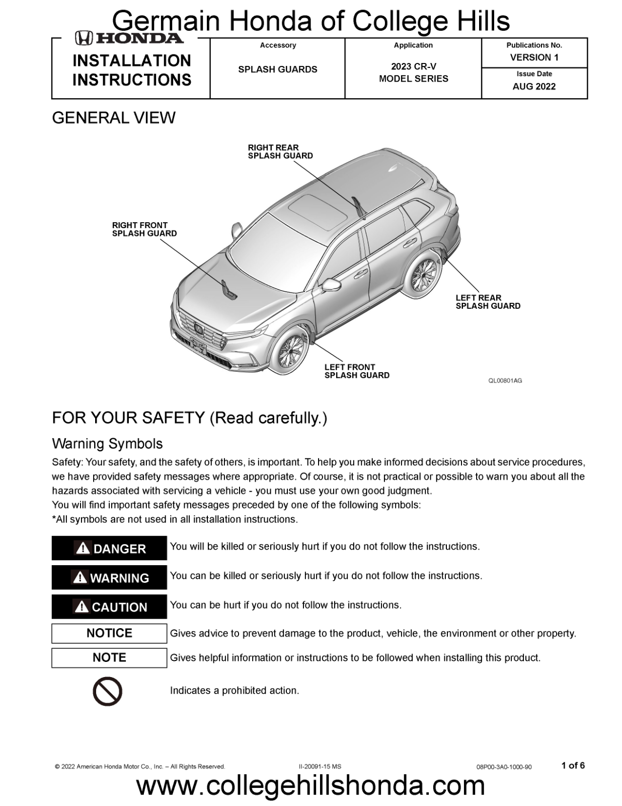 2023-2025 Genuine Honda CR-V Splash Guards - Mud Guards OEM! NEW! 08P00-3A0-100