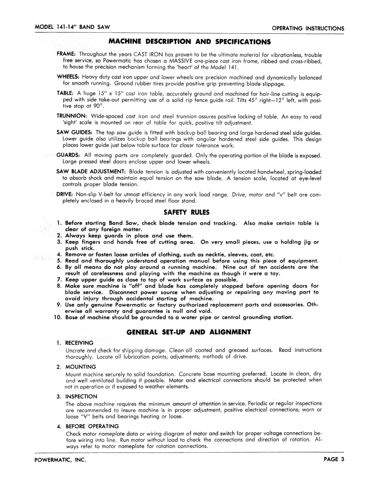 Powermatic 14" Bandsaw Model 141 Op Instructions & Parts Manual #1473