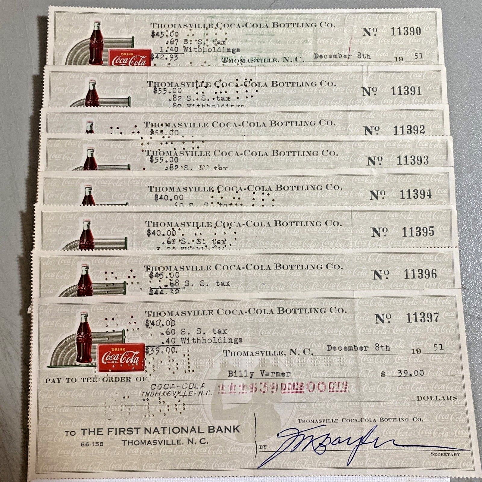 1951 Coca-Cola Bottling CO Coke Canceled Check Thomasville, N.C. National Bank.