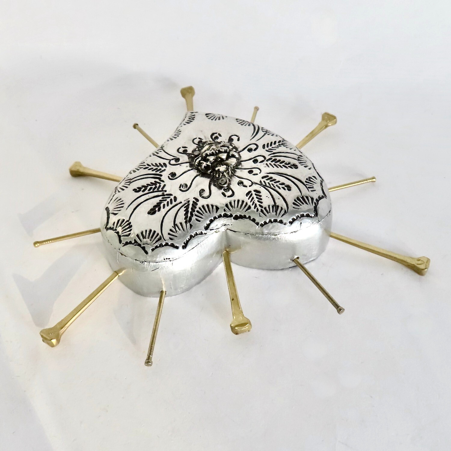 Milagros Sacred Heart Nails Wood Silver Embossed Handmade Mexican Folk Art 6H