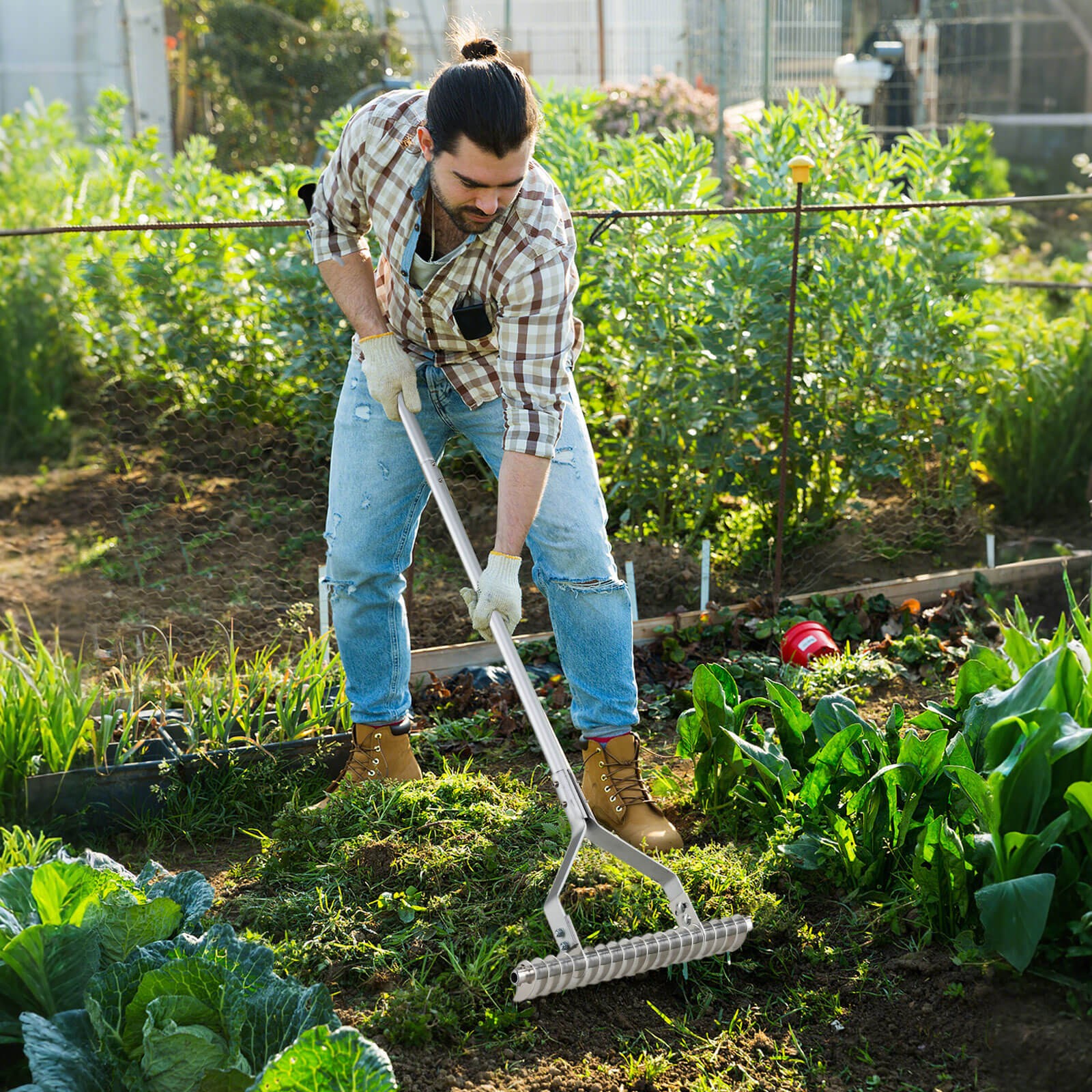 70" Garden Thatch Rake with Long Handle & 19 Curved Tines